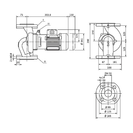 Pompa obiegowa WILO VeroLine-IPL 50/105-0,12/4 typu in-line z silnikiem znormalizowanym 50 Hz, moc silnika 0.12kW 0.34 A 1500 obr/min, wlot Kołnierz DN 50