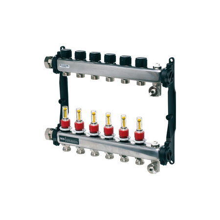 Rozdzielacz do ogrzewania podłogowego TECE floor 5-obieg. stal nierdzewna 1'' x eurocono 3/4'' + przepływomierz + zawór napełn/spust + odpowietrznik