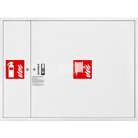 Hydrant DN33 zawieszany z miejscem na gaśnicę obok zwijadła, wąż 20m, ocynk fasada, zamek patent, RAL 9003