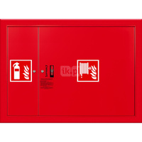 Hydrant DN52 wnękowy z miejscem na gaśnicę obok kosza, wąż 20m, zamek patent, RAL 3000
