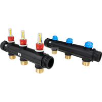 Trzy obiegi rozdzielacza ProCalida IN 1 1/2", rozstaw 100 mm, G1", rotametry 4÷20 l/min